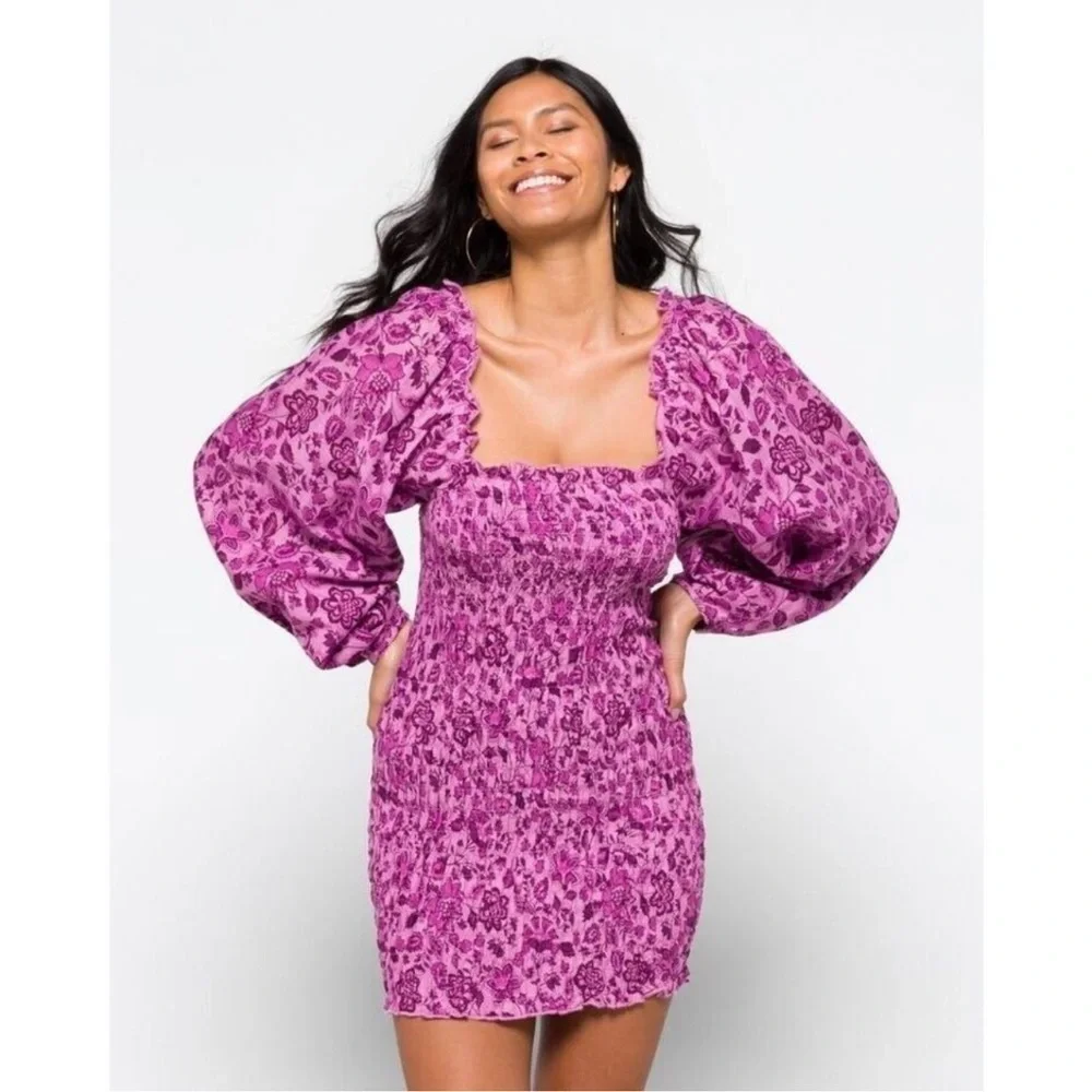 NWT Free people smocked purple mini dress puff sleeves cotton